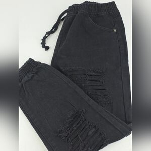 NWT 8th Of LA Black Distressed Jogger Boyfriend Jeans Pull-On Drawstring 3351-P